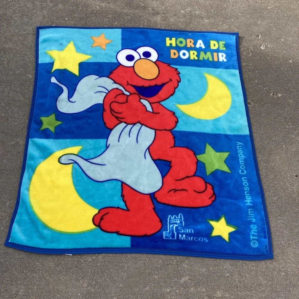 Vtg HTF San Marcos Elmo Plaza Sesamo Baby Blanket Hora De Dormir Blue 1999 Flaw